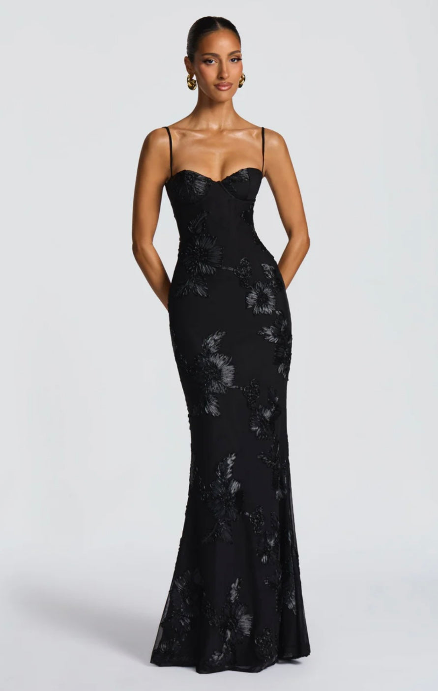 Soraya | Underwired Mesh Corset Floral Ribbon Maxi Dress