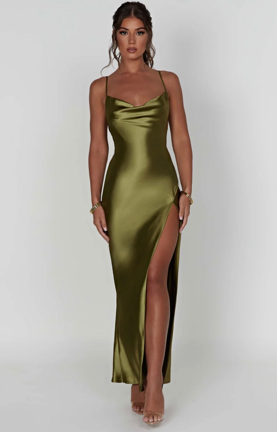 Sarina | Cowl Neck Low Back Maxi Dress with Thigh-High Split