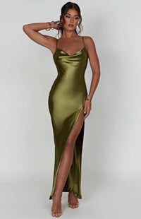 Sarina | Cowl Neck Low Back Maxi Dress with Thigh-High Split