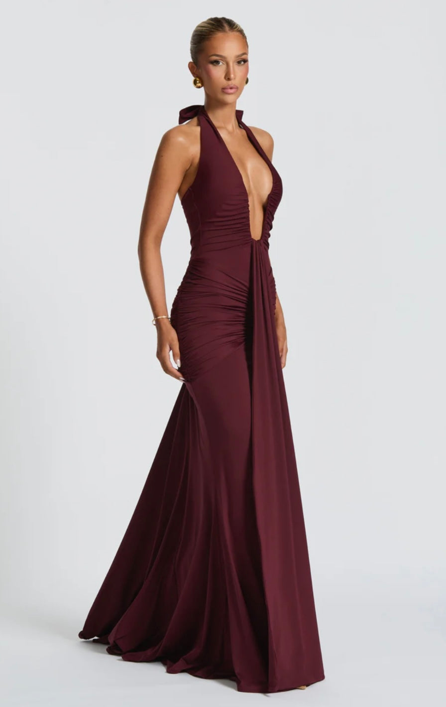 Natasha | Ruched Bodycon Plunging Halter Maxi Dress