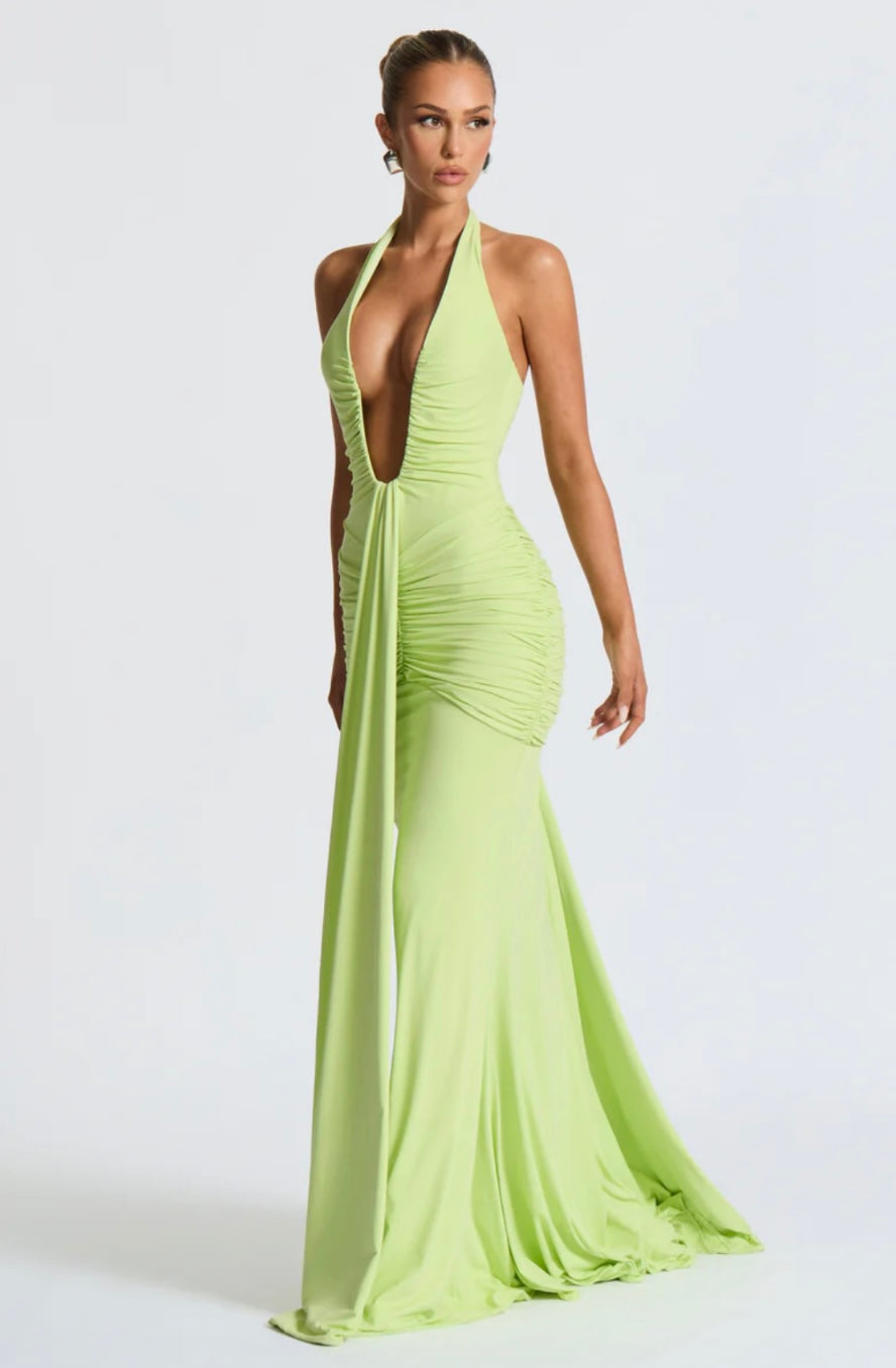 Natasha | Ruched Bodycon Plunging Halter Maxi Dress