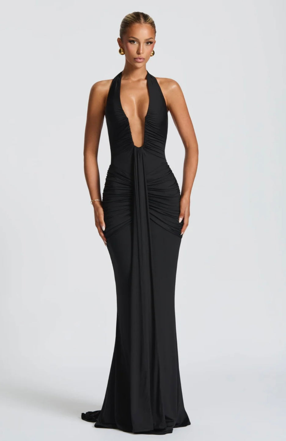 Natasha | Ruched Bodycon Plunging Halter Maxi Dress