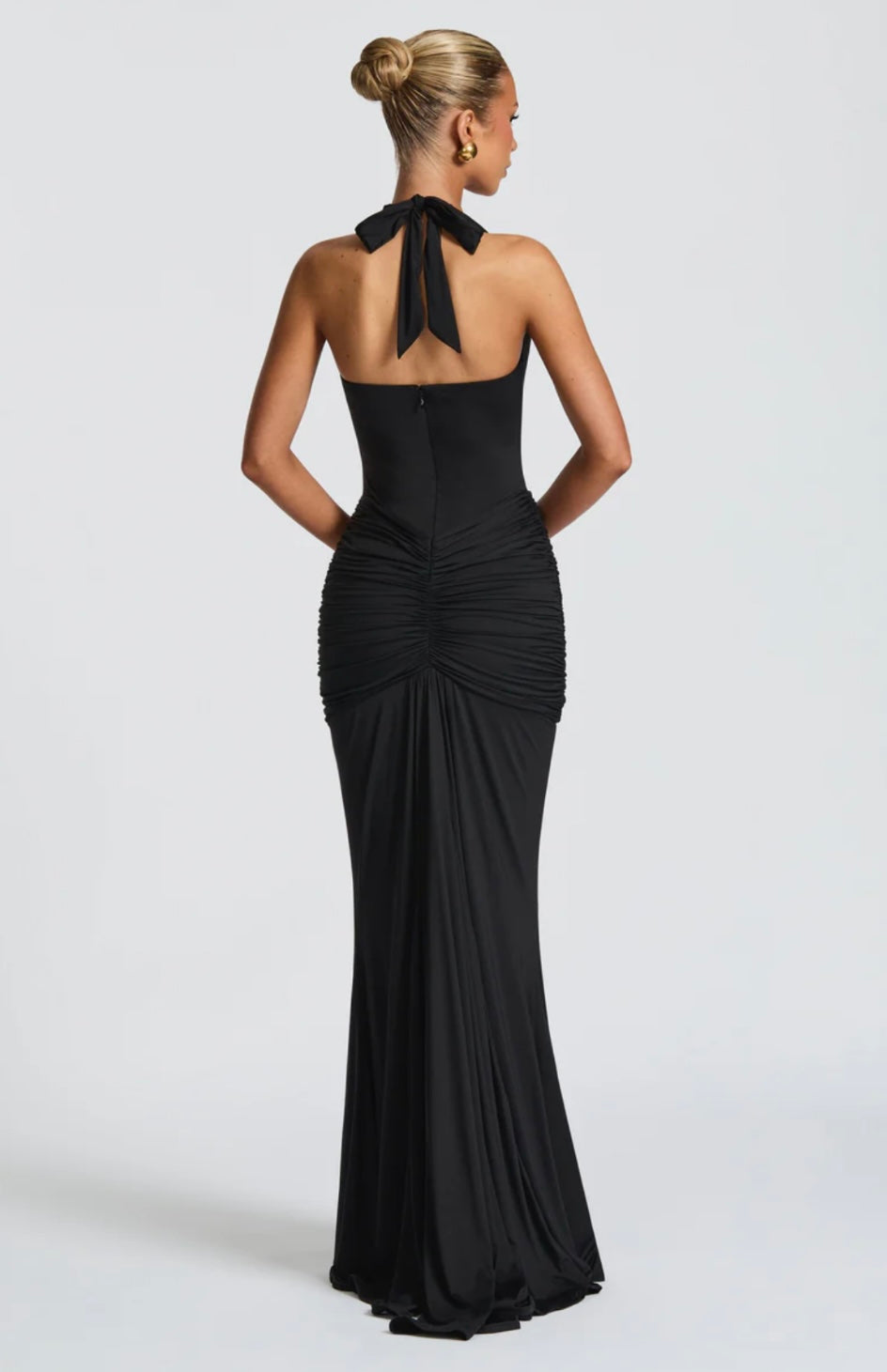 Natasha | Ruched Bodycon Plunging Halter Maxi Dress
