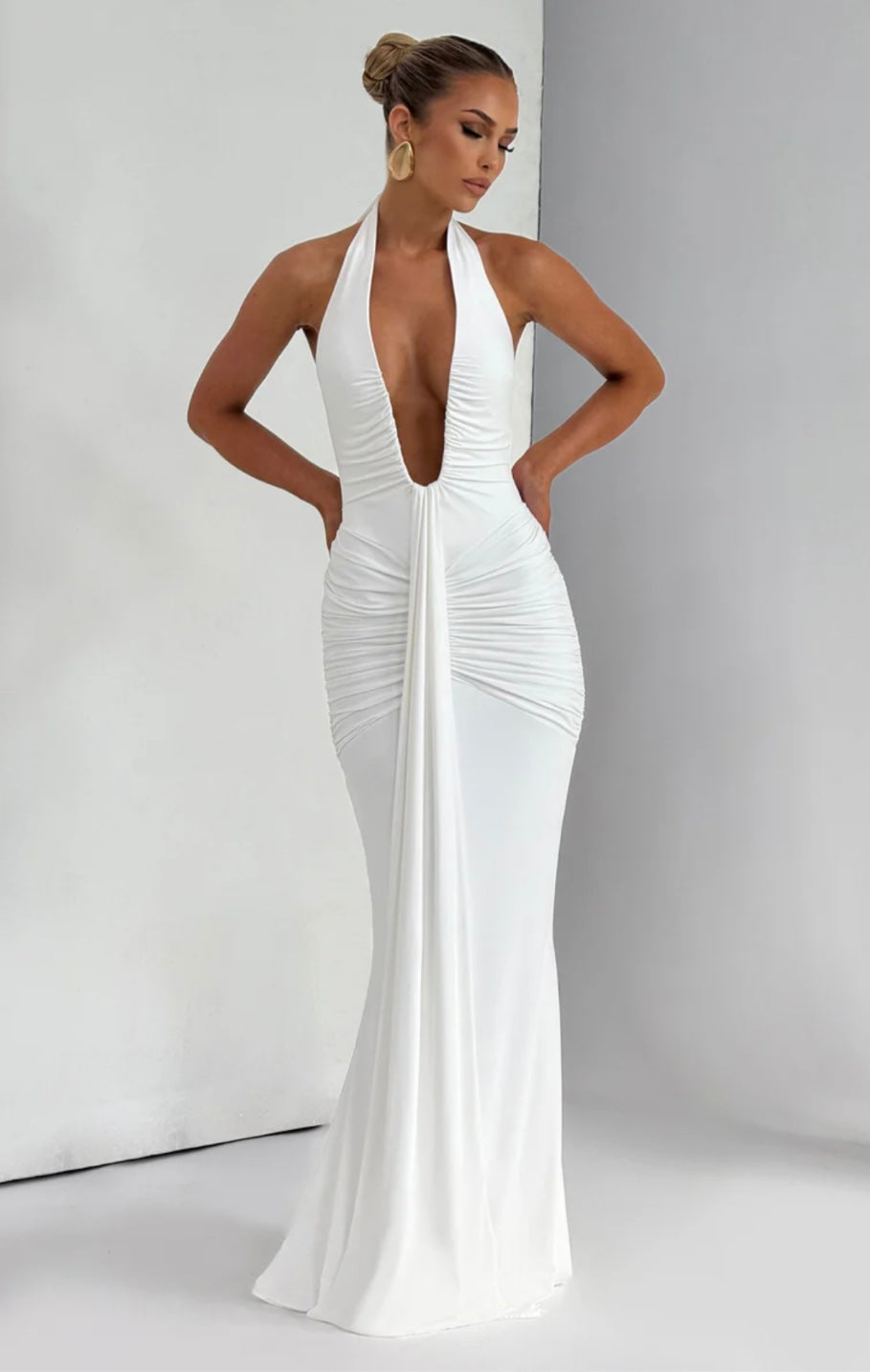 Natasha | Ruched Bodycon Plunging Halter Maxi Dress