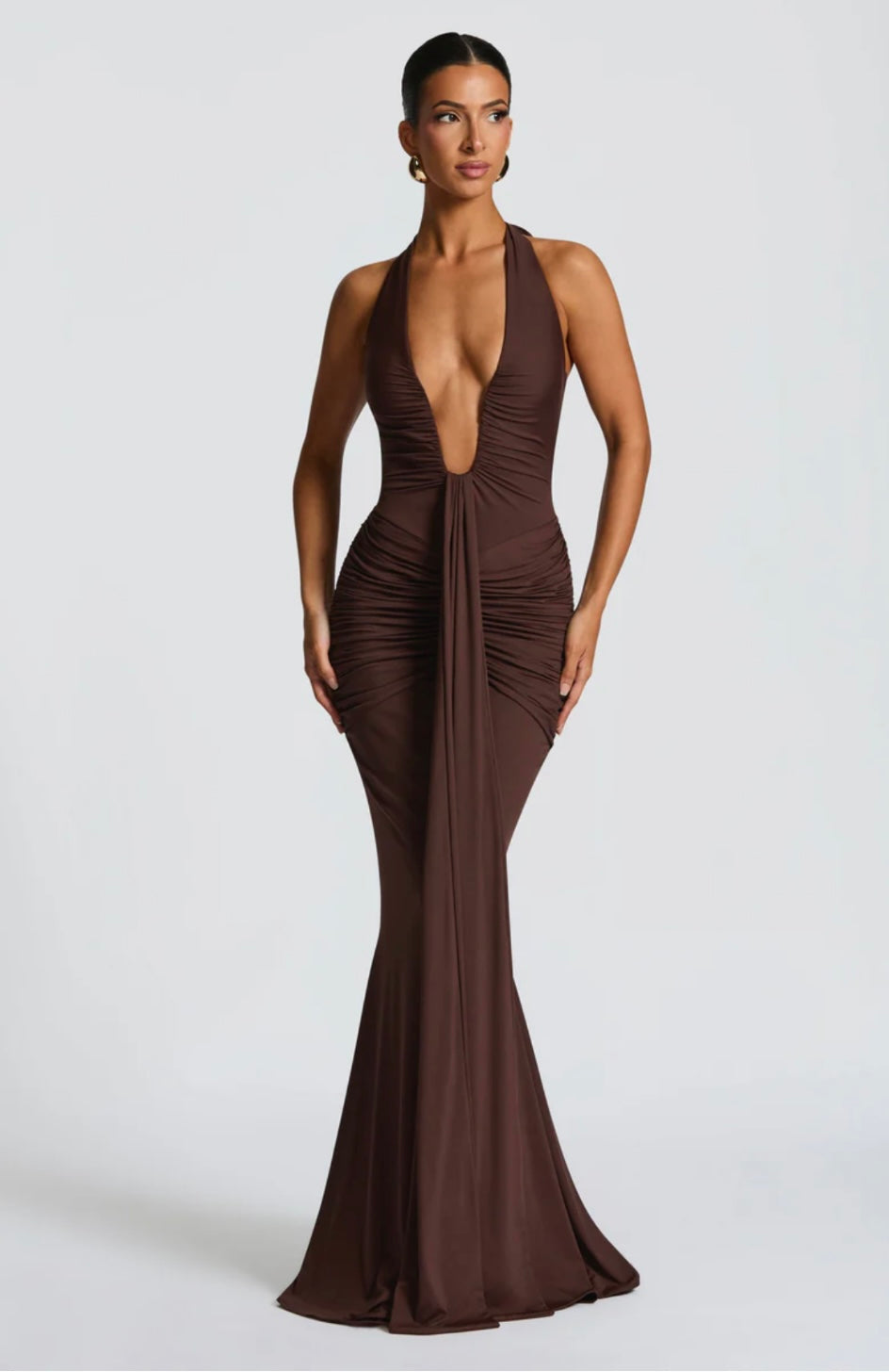 Natasha | Ruched Bodycon Plunging Halter Maxi Dress