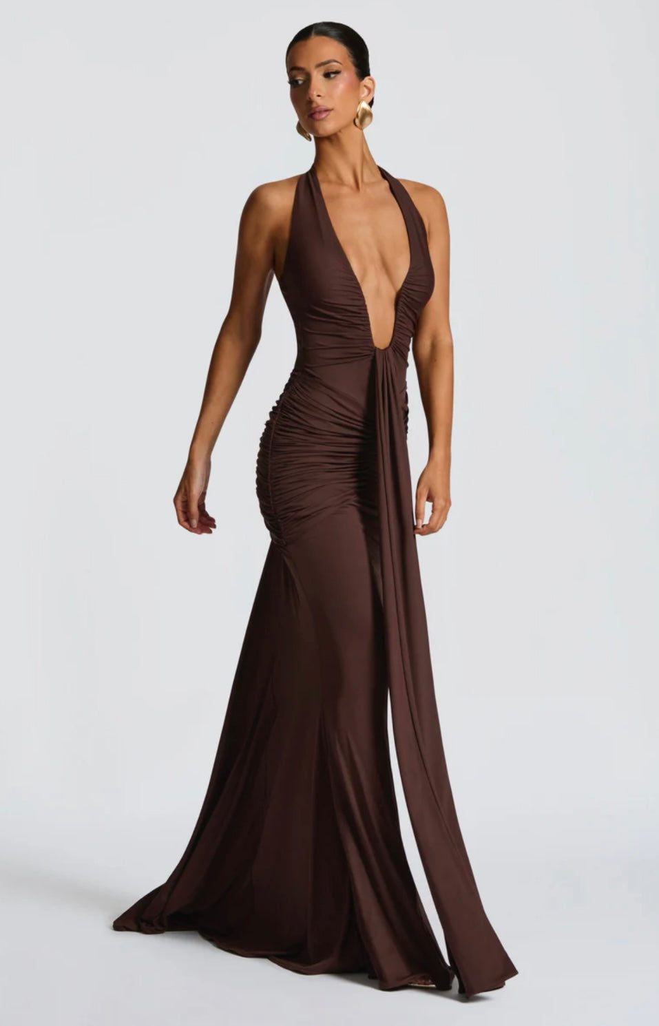Natasha | Ruched Bodycon Plunging Halter Maxi Dress