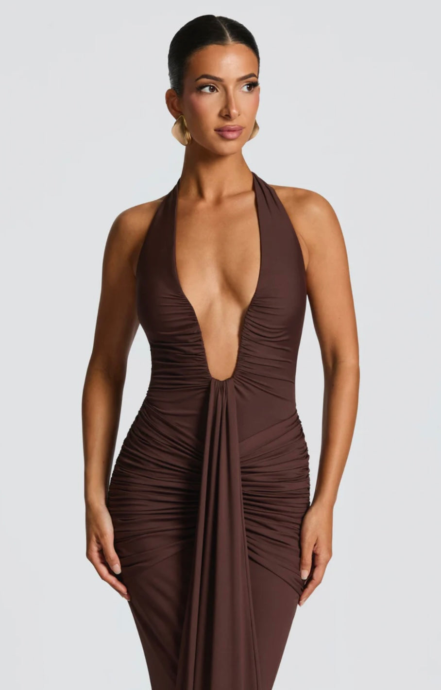 Natasha | Ruched Bodycon Plunging Halter Maxi Dress