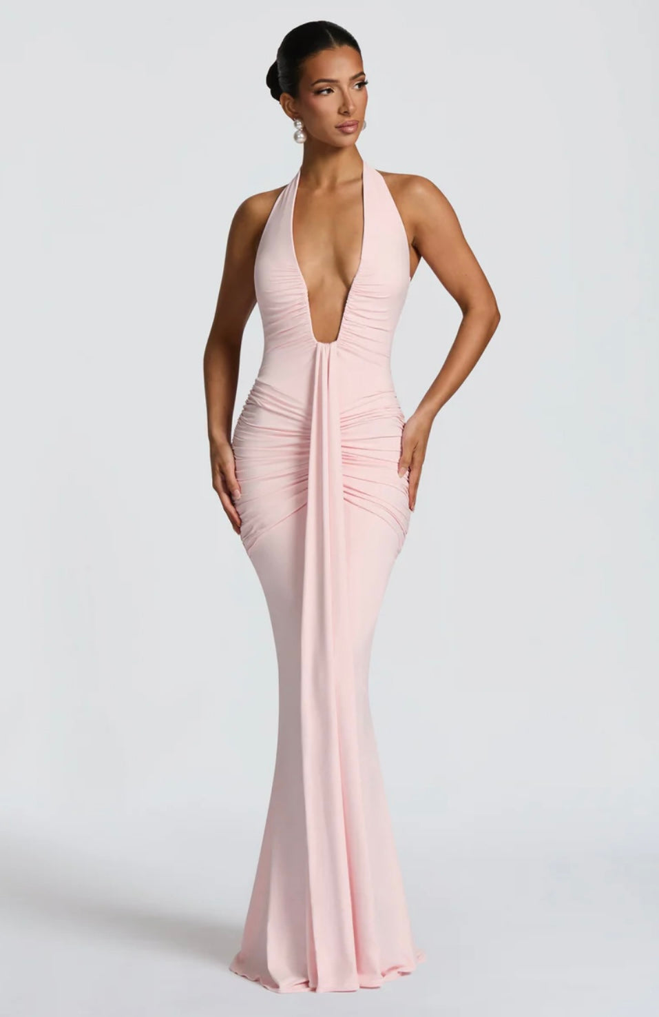 Natasha | Ruched Bodycon Plunging Halter Maxi Dress