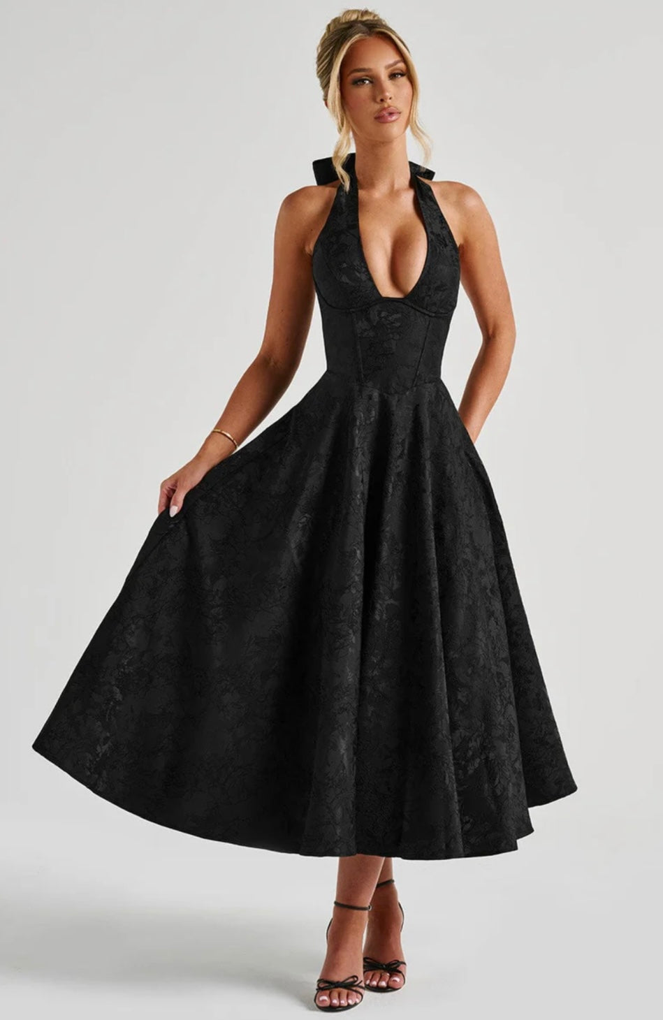 Floriane | Halter Neck Floral Jacquard Midi Dress
