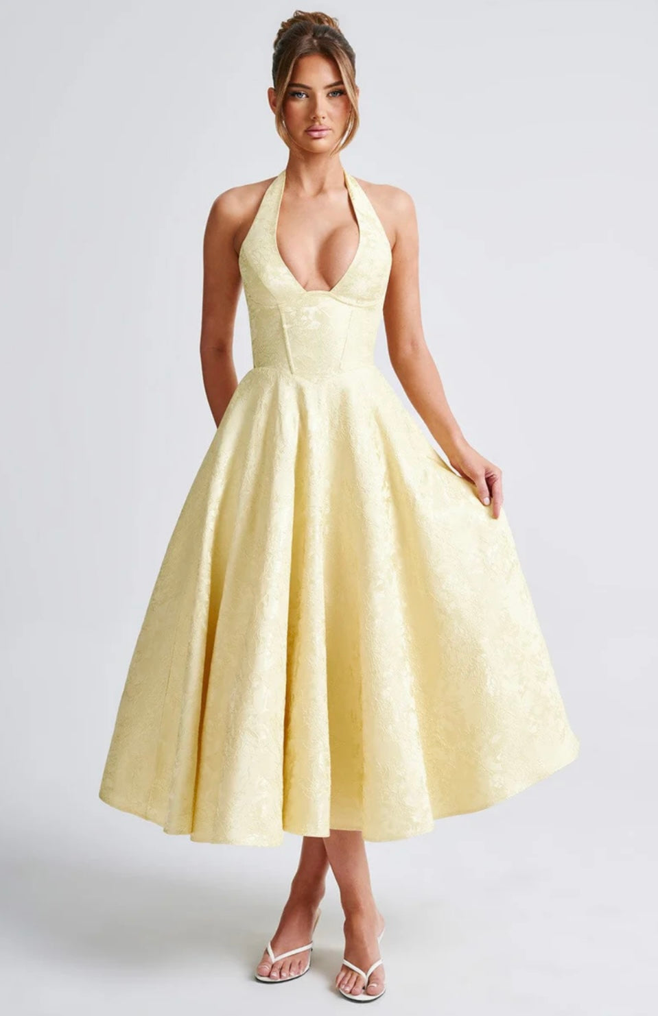 Floriane | Halter Neck Floral Jacquard Midi Dress