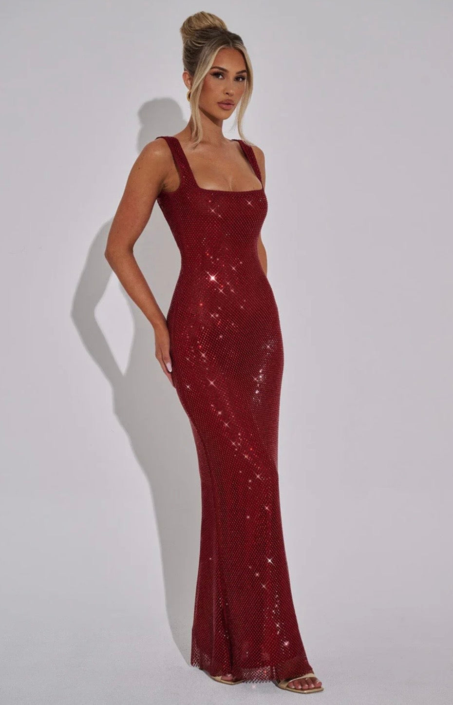 Elara | Sculpted Square Neck Crystal Mesh Maxi Dress