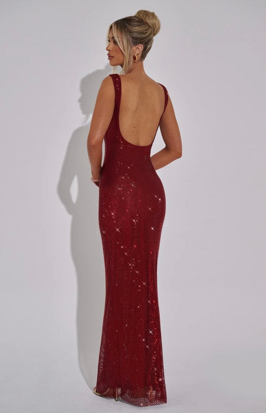 Elara | Sculpted Square Neck Crystal Mesh Maxi Dress