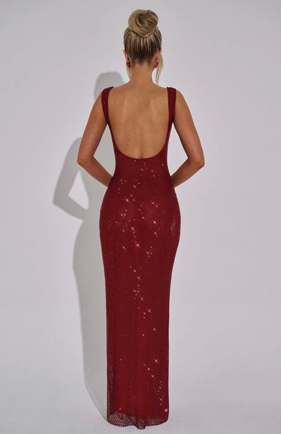 Elara | Sculpted Square Neck Crystal Mesh Maxi Dress