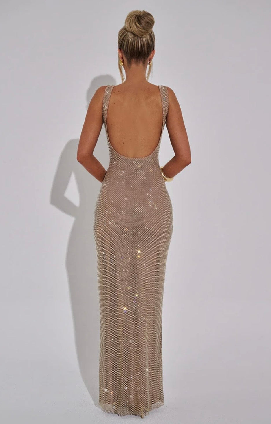 Elara | Sculpted Square Neck Crystal Mesh Maxi Dress