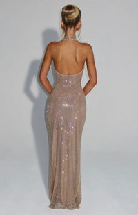 Cassidy | Plunging Neckline Crystal Mesh Halter Maxi Dress