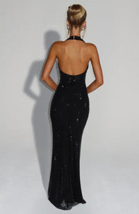 Cassidy | Plunging Neckline Crystal Mesh Halter Maxi Dress