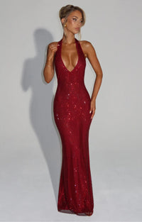 Cassidy | Plunging Neckline Crystal Mesh Halter Maxi Dress