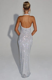 Cassidy | Plunging Neckline Crystal Mesh Halter Maxi Dress