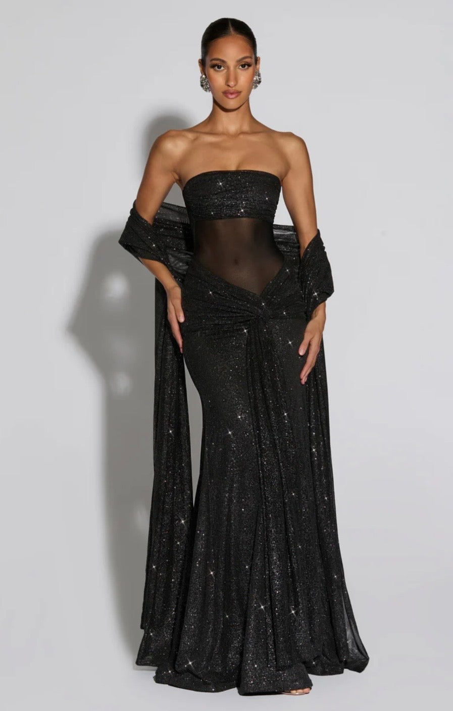Giselle | Sculpted Silhouette Glittering Mesh Maxi Dress