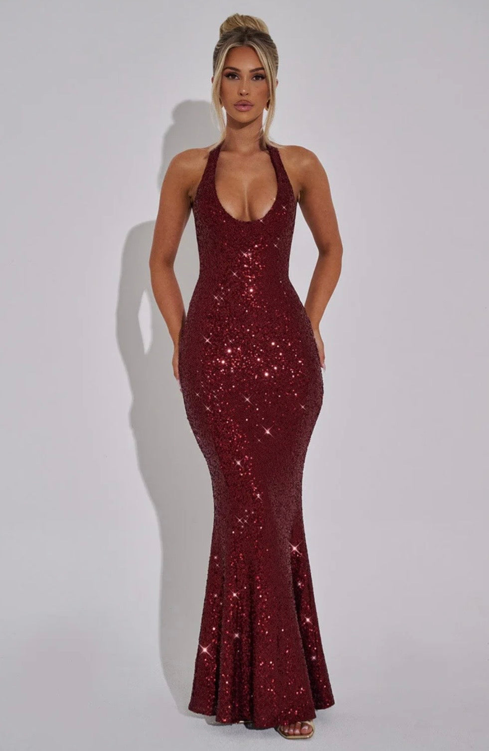 Estara | Contoured Fishtail Embellished Halter Maxi Dress