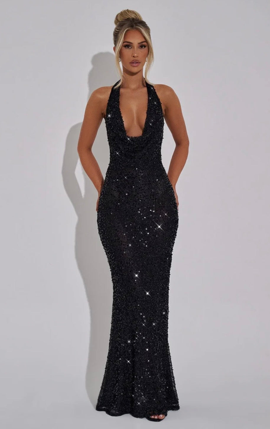 Stellara | Embellished Open Back Sequin Net Halter Maxi Dress