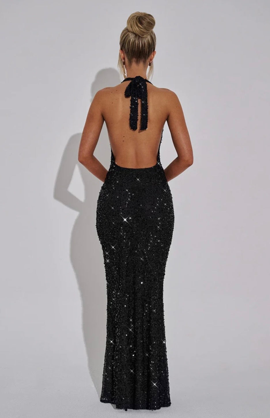 Stellara | Embellished Open Back Sequin Net Halter Maxi Dress