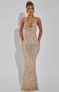 Stellara | Embellished Open Back Sequin Net Halter Maxi Dress
