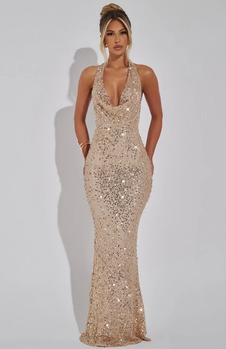 Stellara | Embellished Open Back Sequin Net Halter Maxi Dress