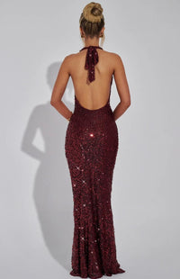 Stellara | Embellished Open Back Sequin Net Halter Maxi Dress