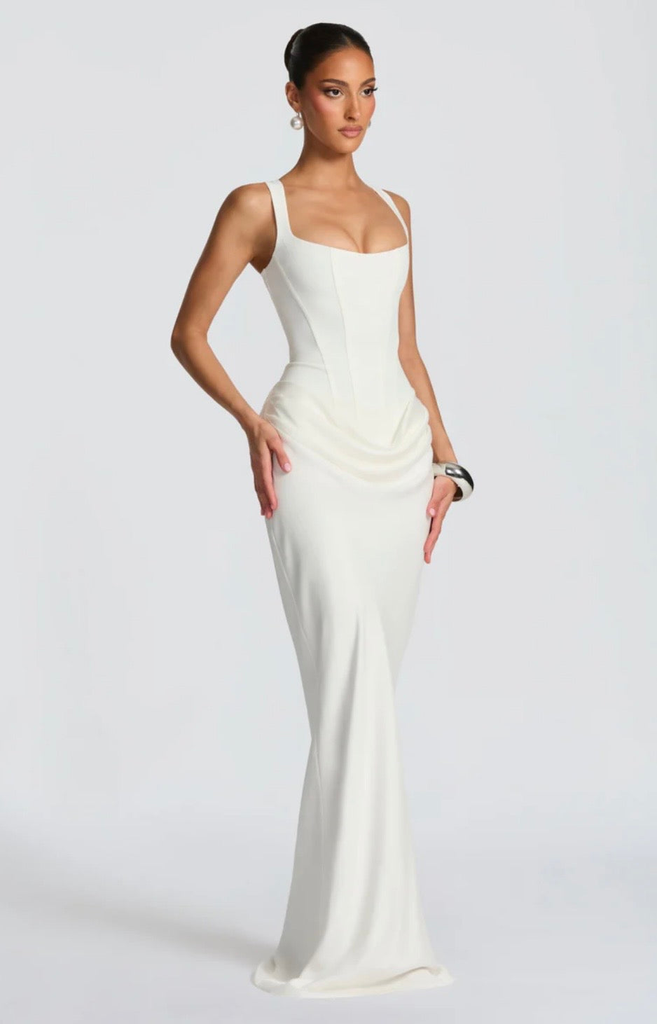 Nina | Sculpted Lowered Waist Square Neck Crepe Maxi Dress