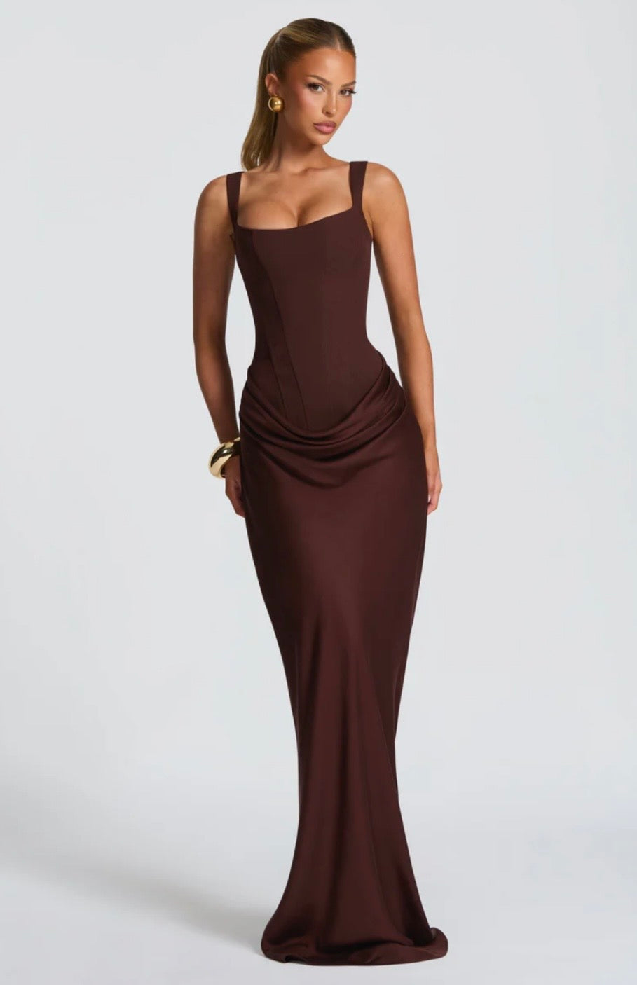 Nina | Sculpted Lowered Waist Square Neck Crepe Maxi Dress