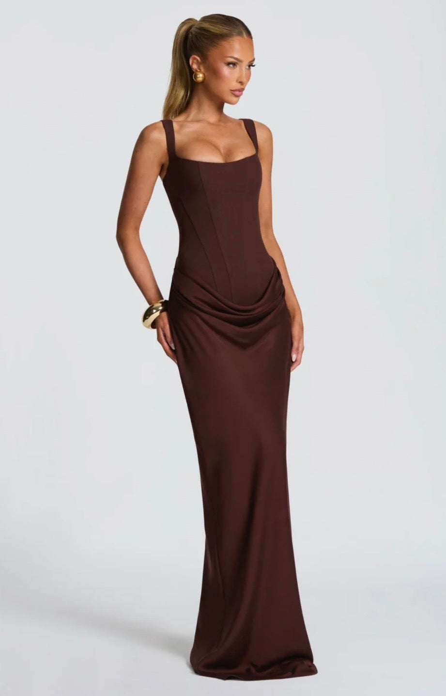 Nina | Sculpted Lowered Waist Square Neck Crepe Maxi Dress