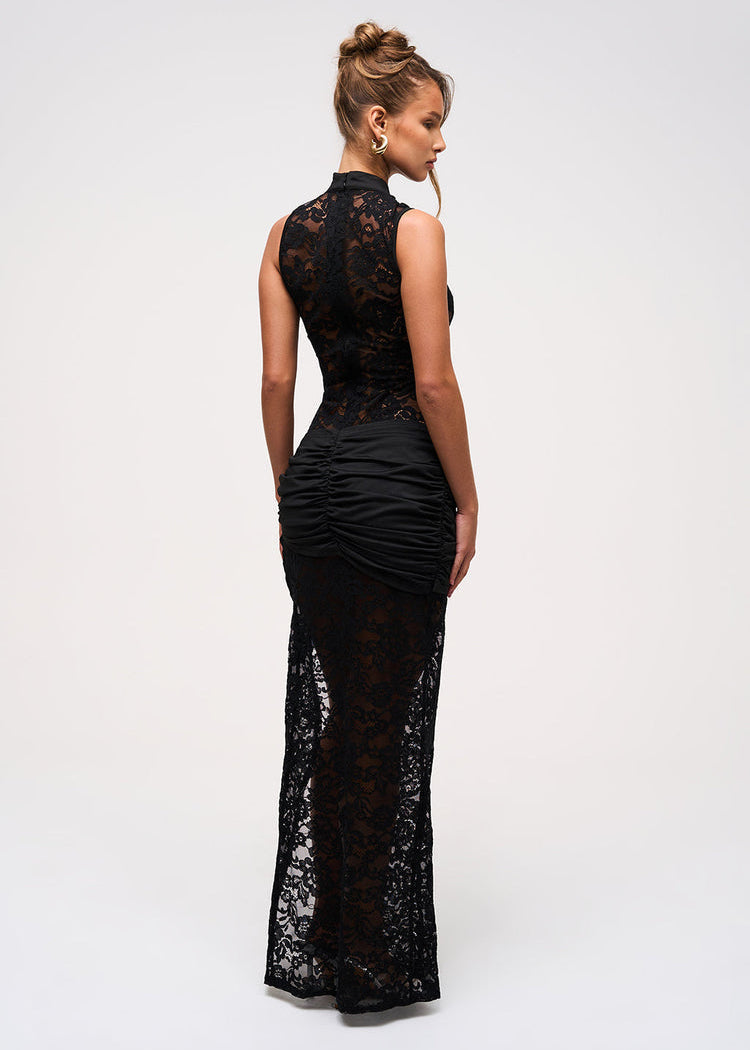 Kimmy | Sheer Black Lace Maxi Dress with Gold Detail & High Slit