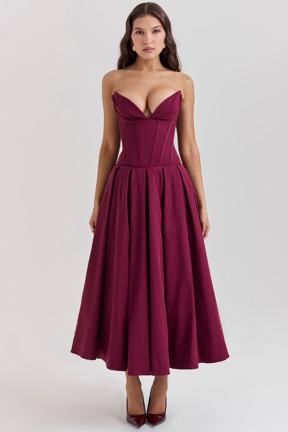 Nyssa | Full Pleated Romantic Silhouette Boned Corset Midi Dress