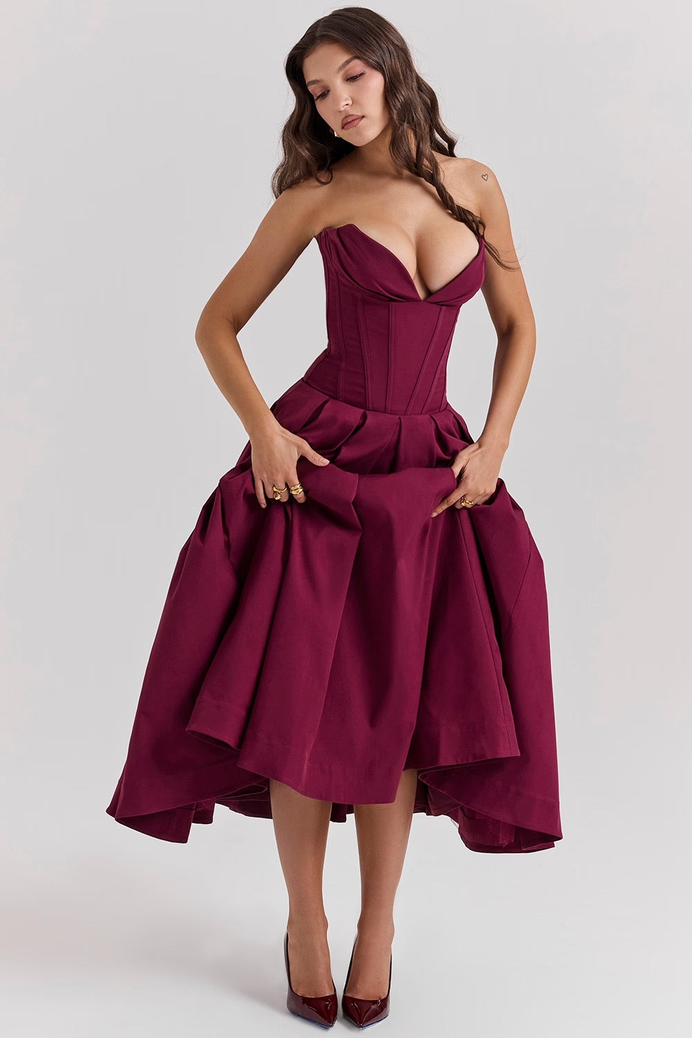 Nyssa | Full Pleated Romantic Silhouette Boned Corset Midi Dress