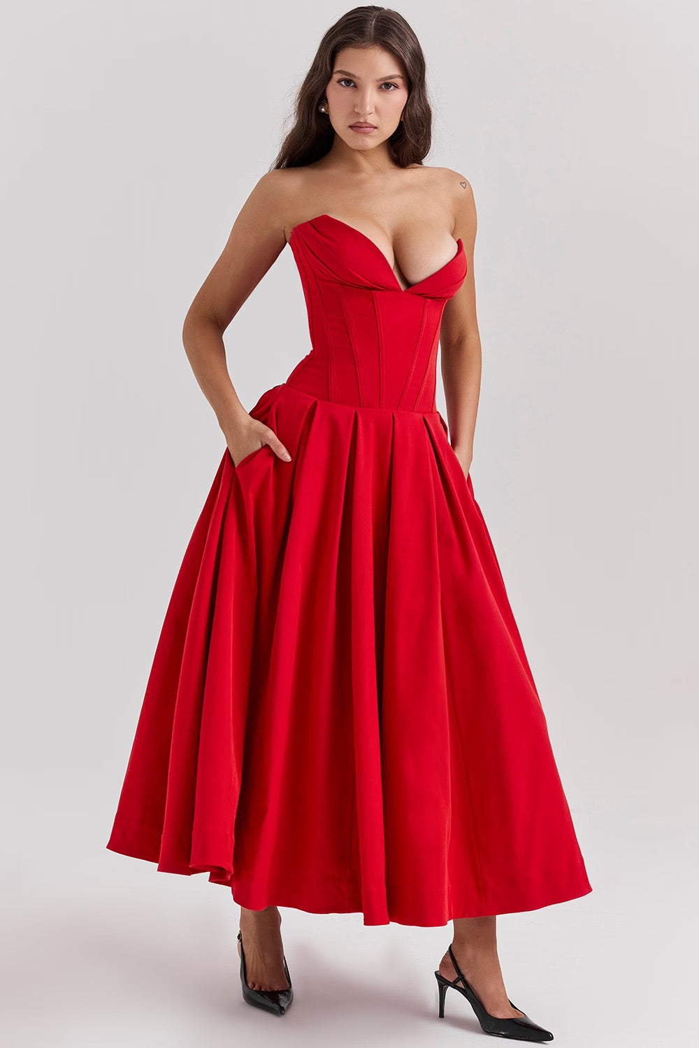 Nyssa | Full Pleated Romantic Silhouette Boned Corset Midi Dress