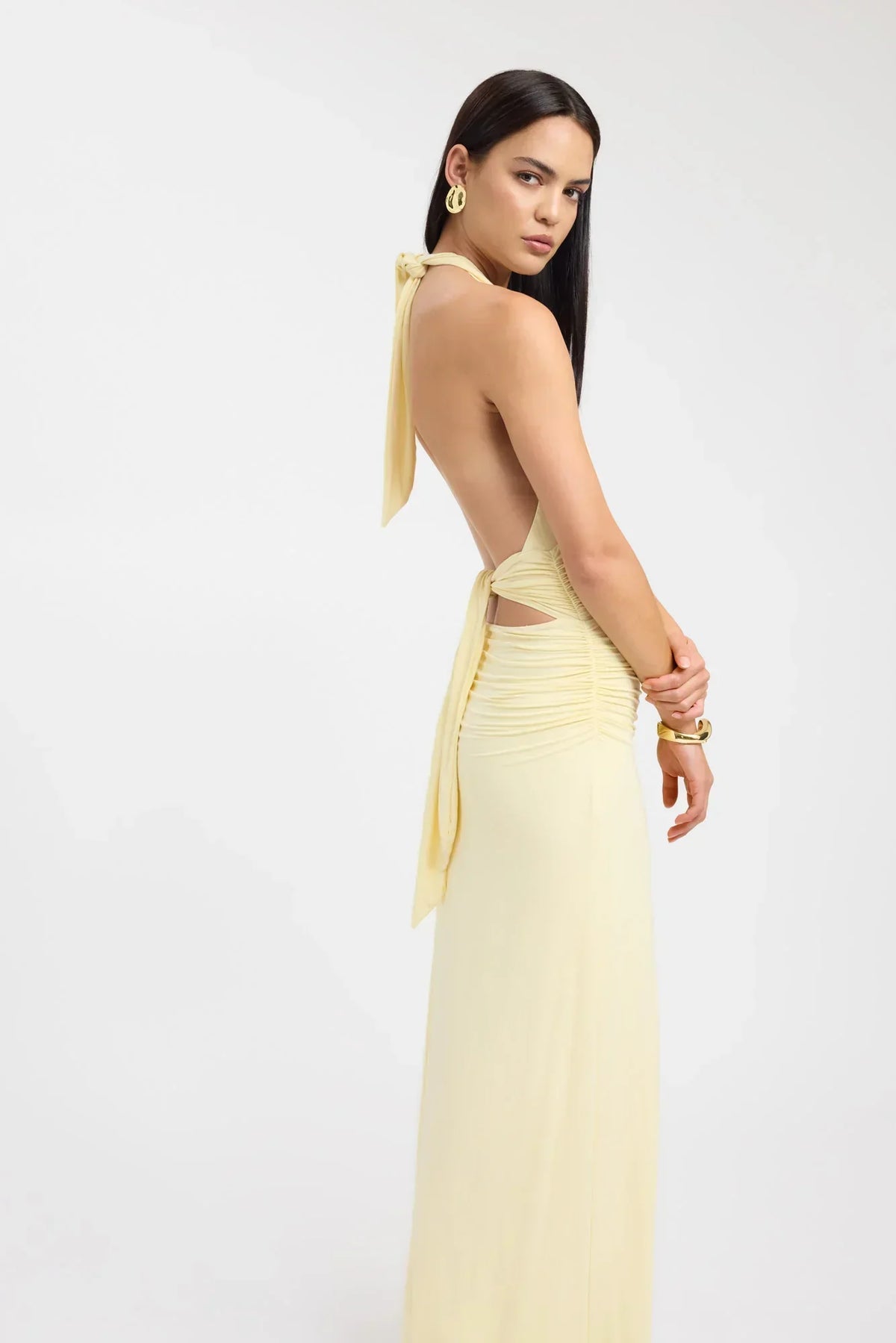 Ophelia | Open Back Ruched Plunging Maxi Dress