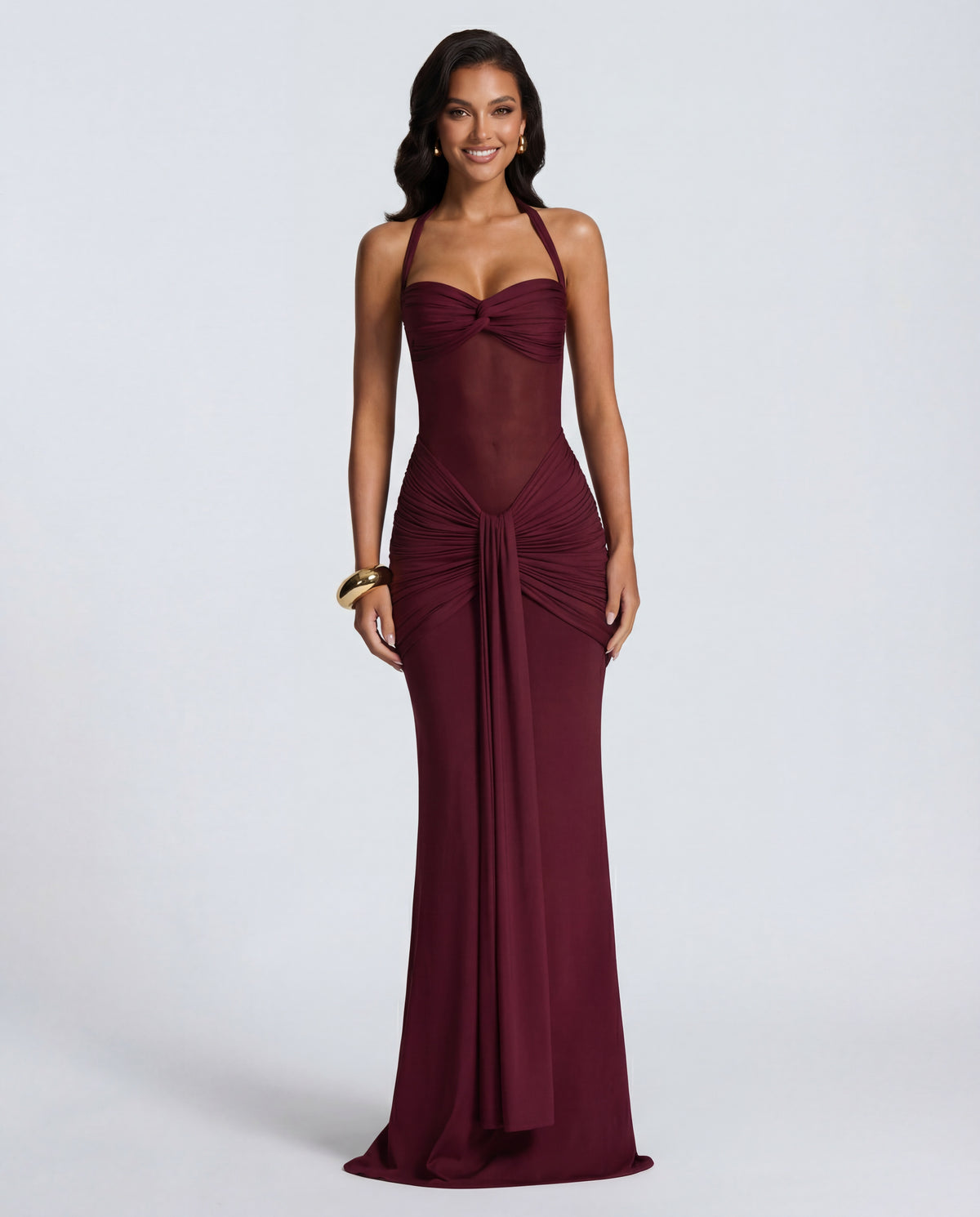 Rosabella |  Radiant Yellow Halter Neck Ruched Maxi Dress
