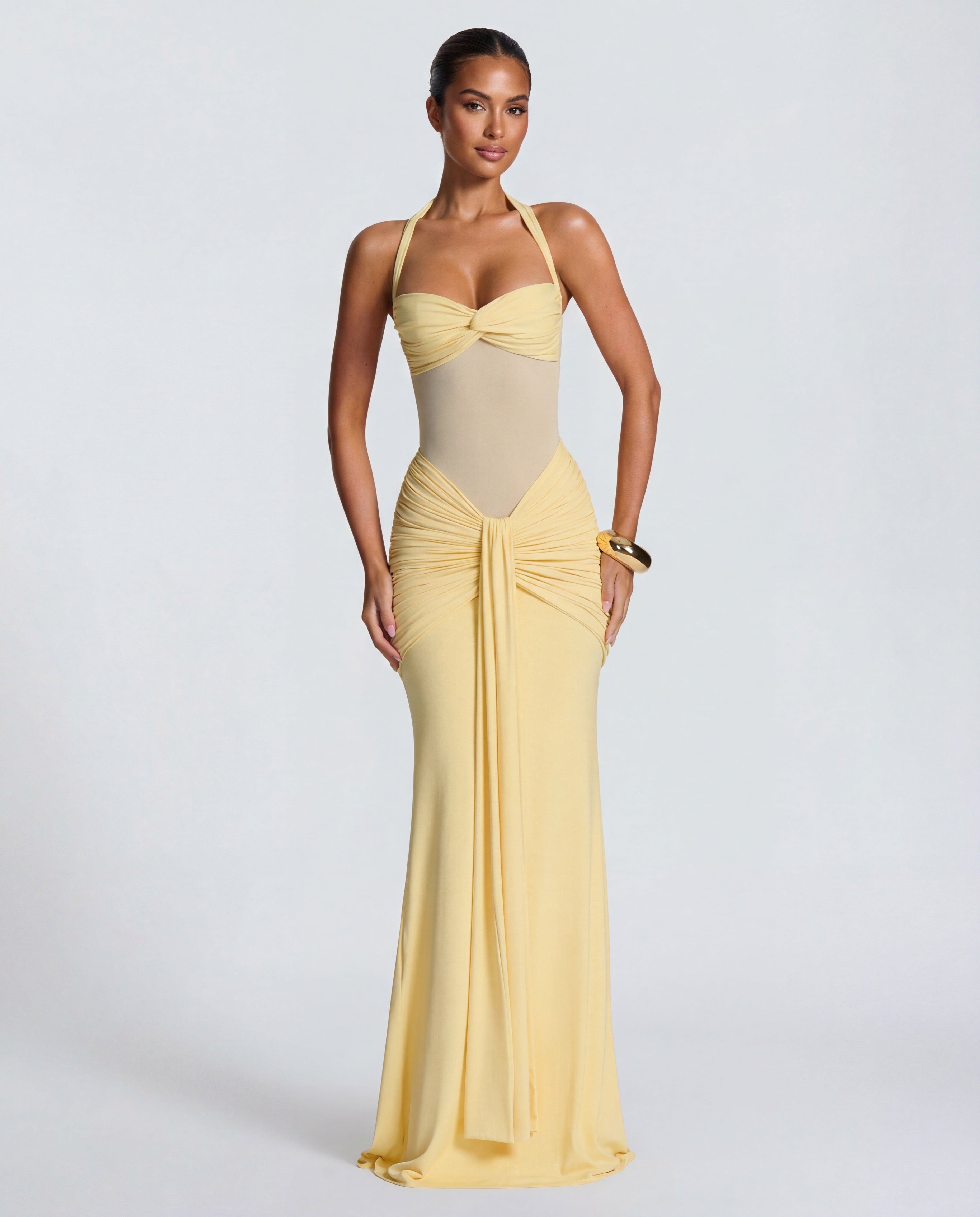 Rosabella |  Radiant Yellow Halter Neck Ruched Maxi Dress
