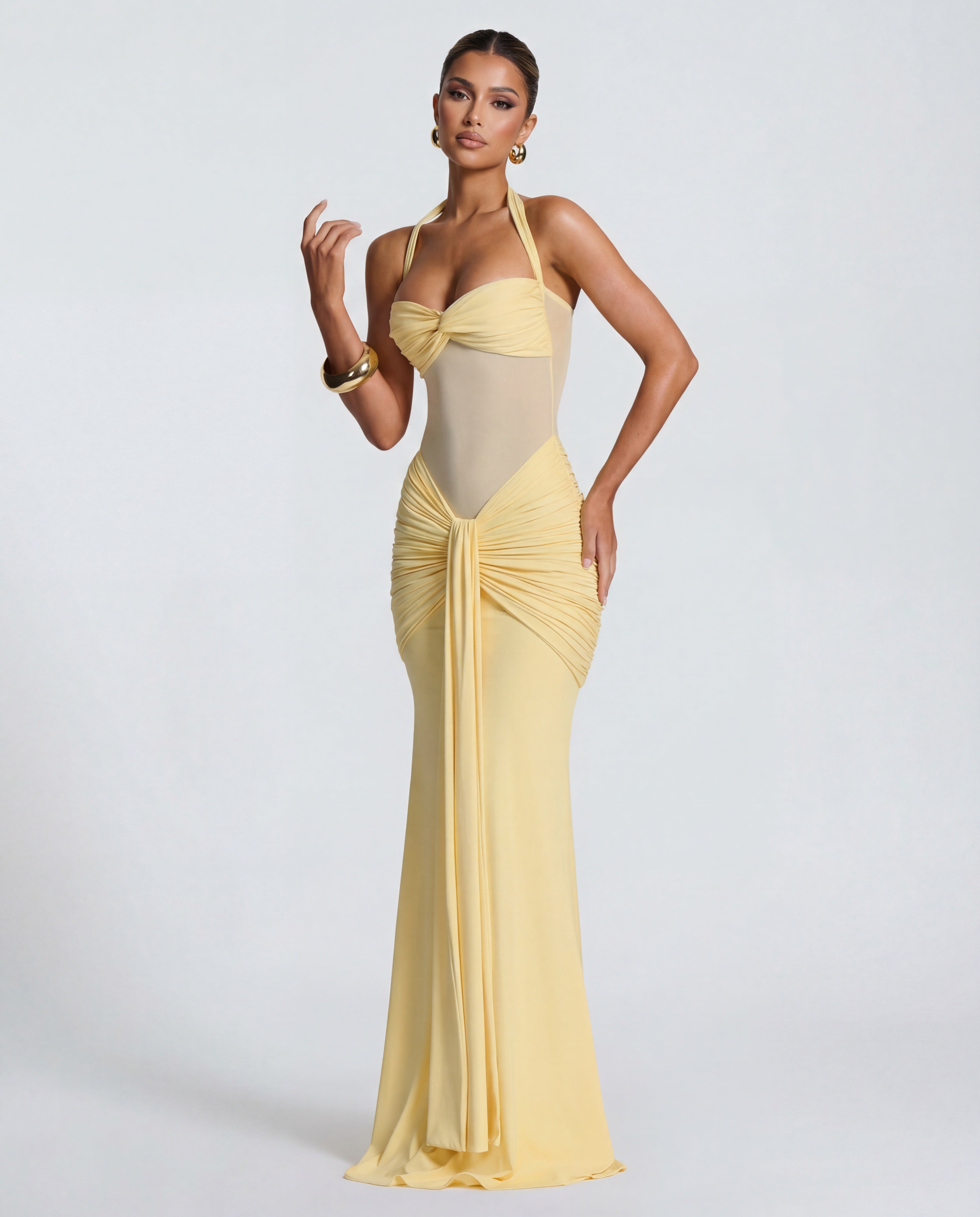 Rosabella |  Radiant Yellow Halter Neck Ruched Maxi Dress