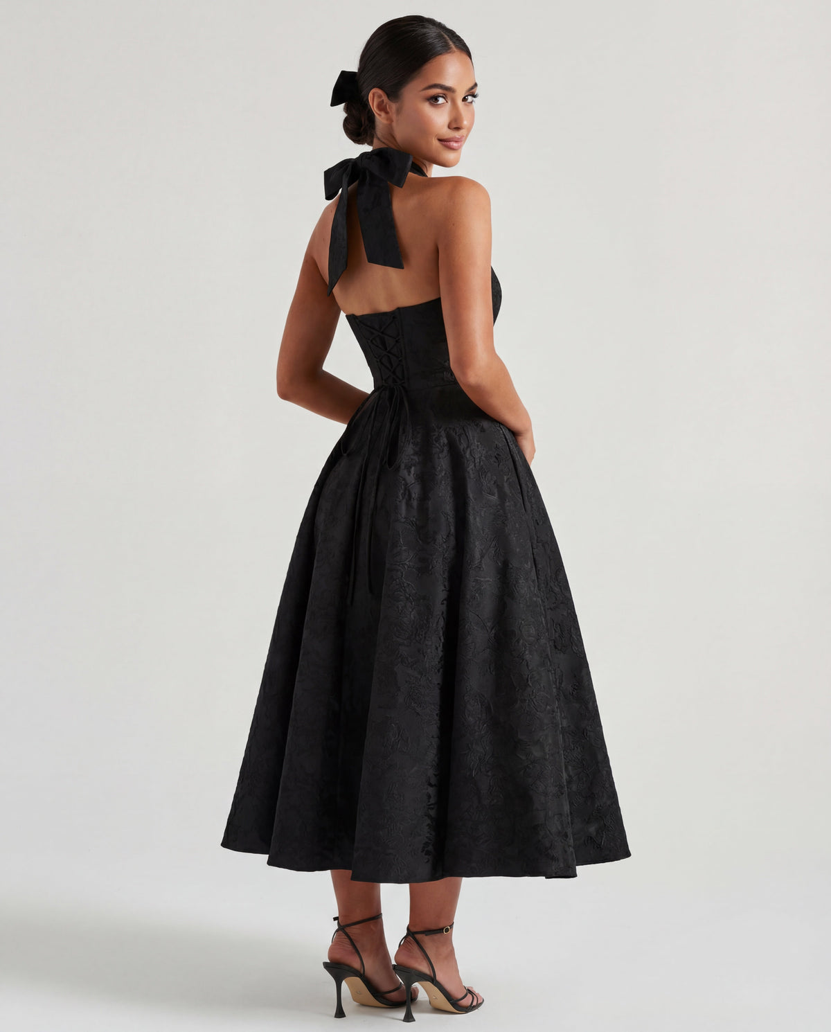 Evelyn | Halterneck Bustier Textured Jacquard Midi Dress