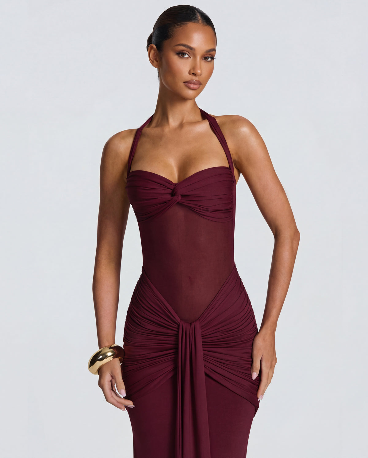 Rosabella |  Radiant Yellow Halter Neck Ruched Maxi Dress