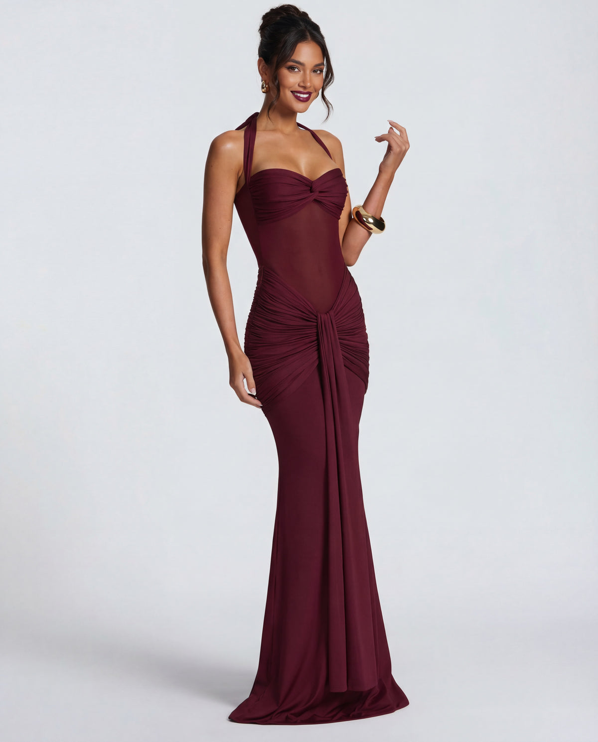 Rosabella |  Radiant Yellow Halter Neck Ruched Maxi Dress