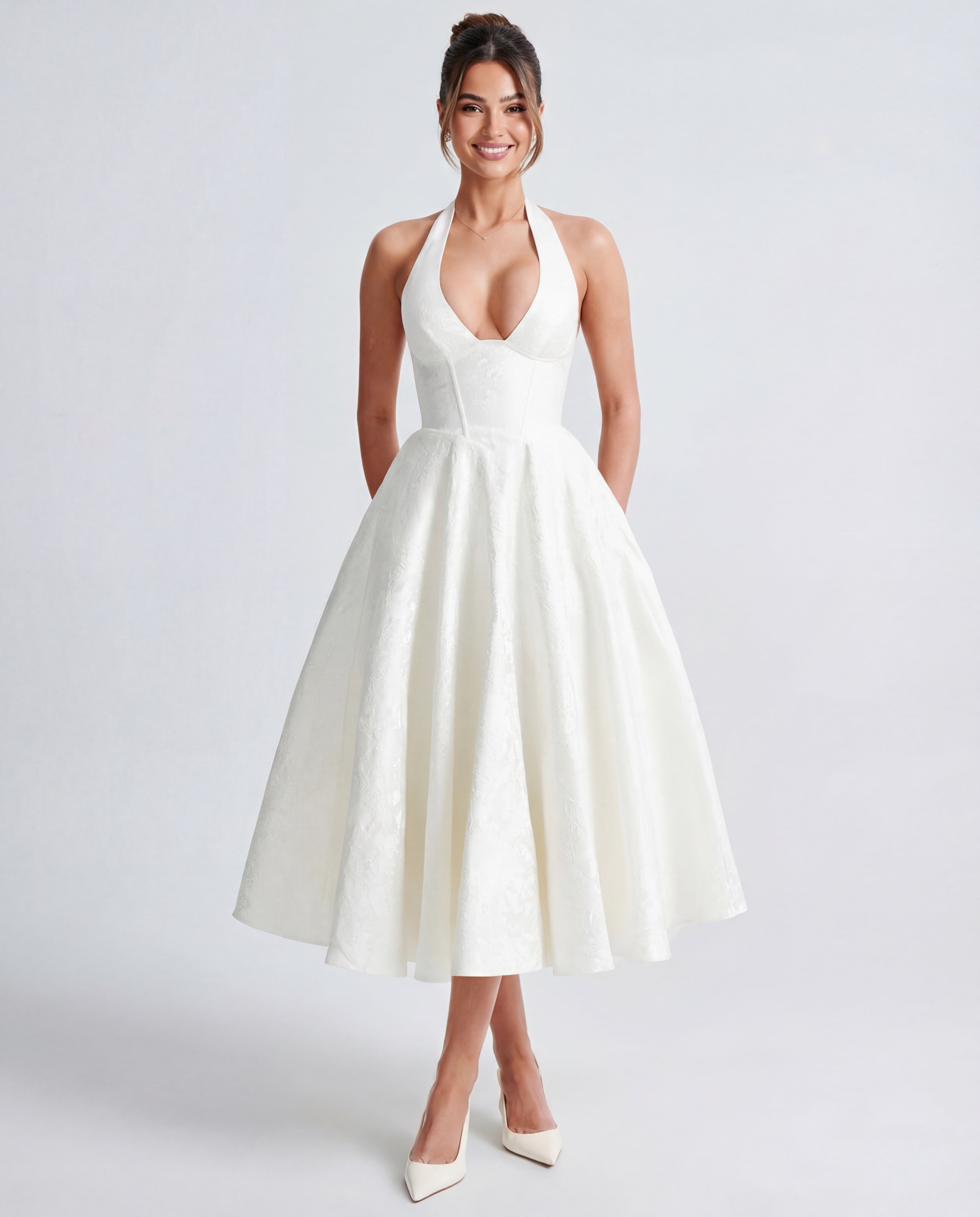 Evelyn | Halterneck Bustier Textured Jacquard Midi Dress
