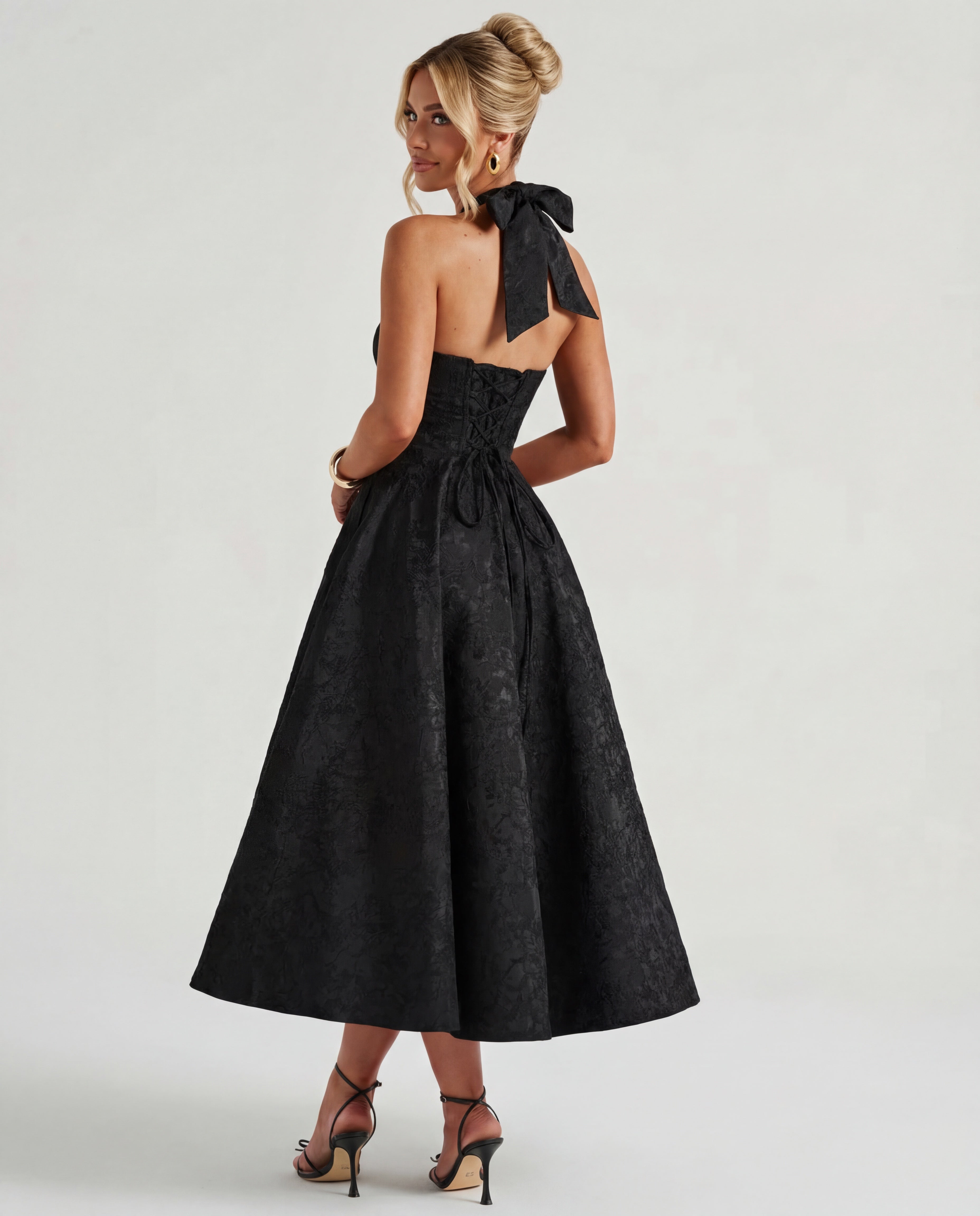 Evelyn | Halterneck Bustier Textured Jacquard Midi Dress