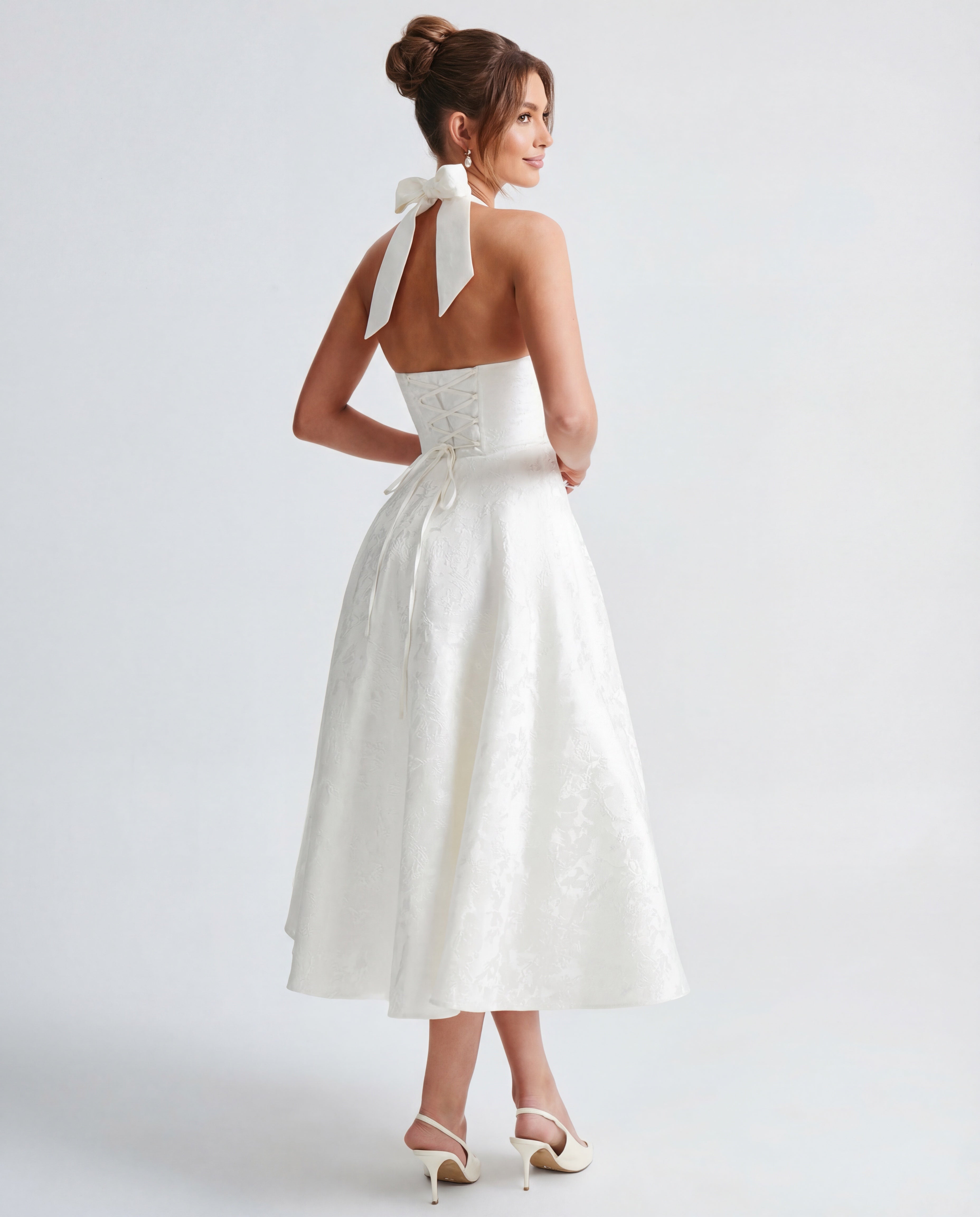 Evelyn | Halterneck Bustier Textured Jacquard Midi Dress
