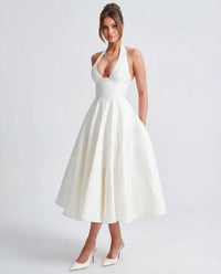Evelyn | Halterneck Bustier Textured Jacquard Midi Dress