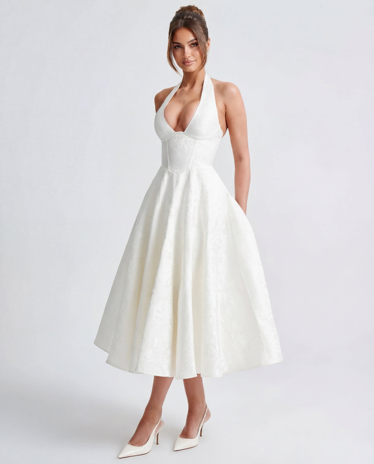 Evelyn | Halterneck Bustier Textured Jacquard Midi Dress