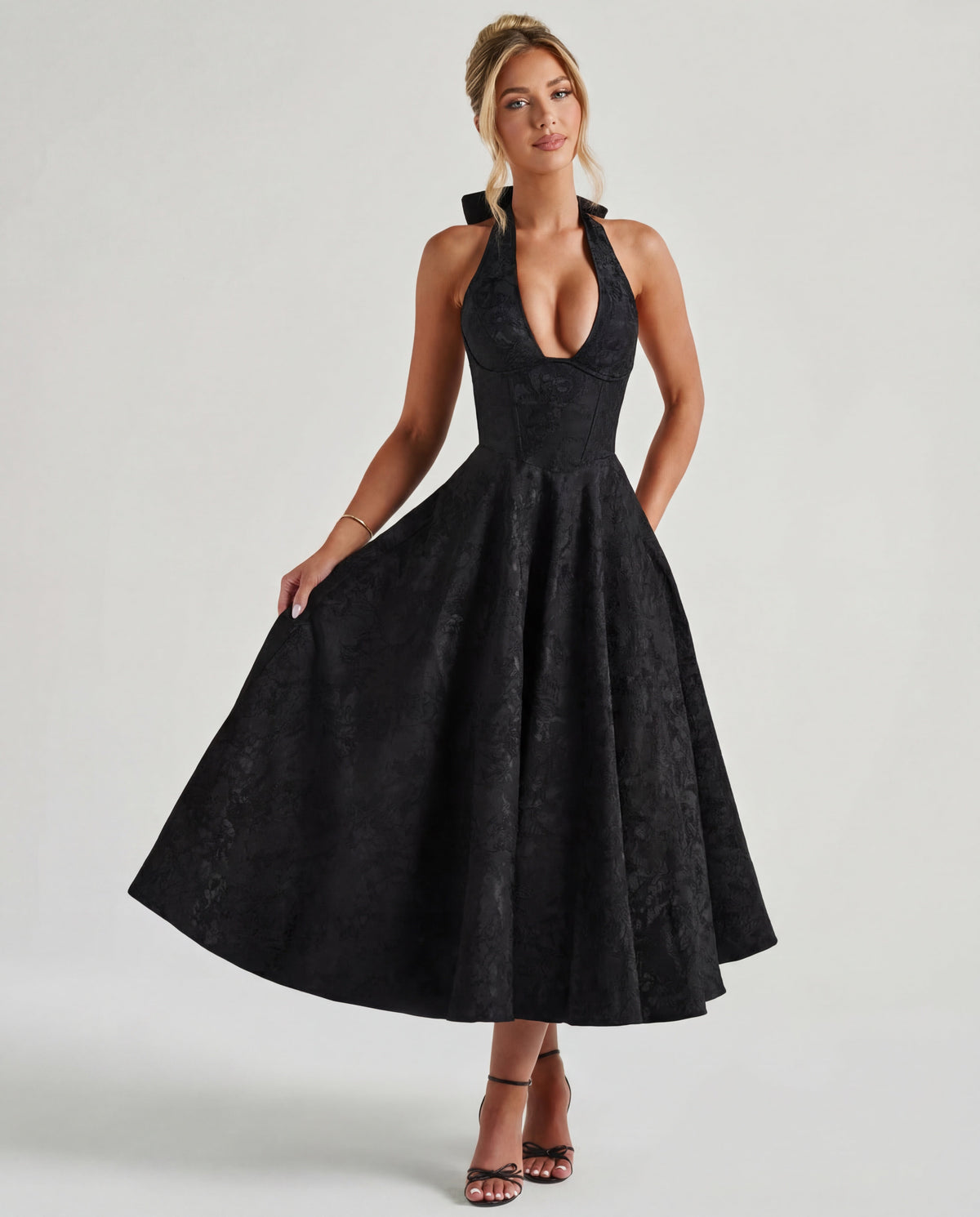 Evelyn | Halterneck Bustier Textured Jacquard Midi Dress