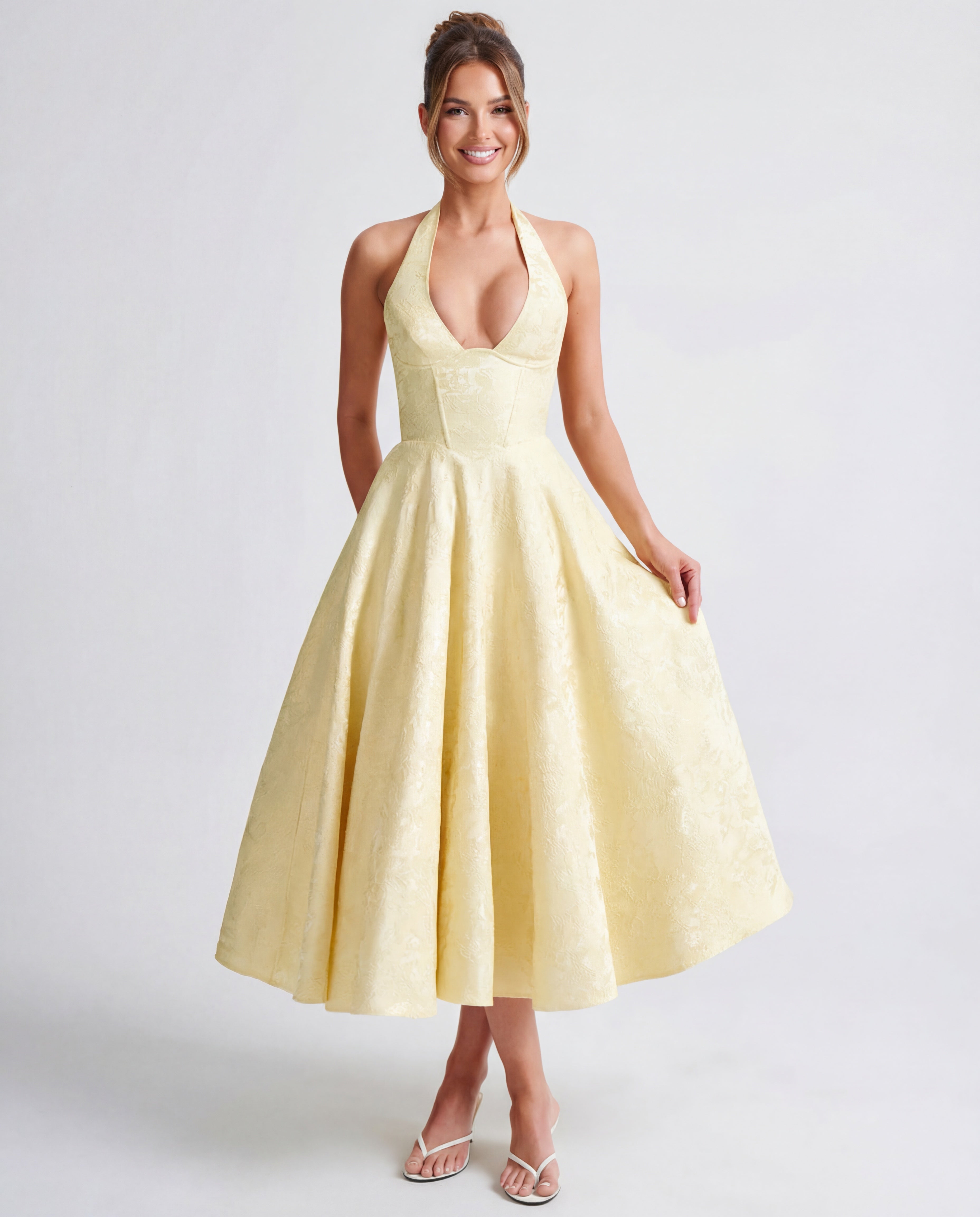 Evelyn | Halterneck Bustier Textured Jacquard Midi Dress